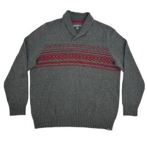 Eddie Bauer Sweater Men XL‎ Gray Red Shawl Collar Southwestern Wool Blend Aztec